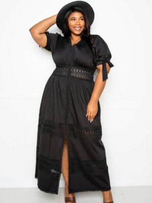 Puff Sleeve Maxi Dress With Lace Insert Dresses