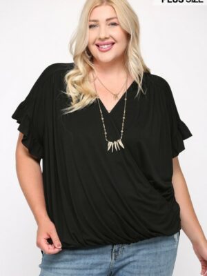 Solid Viscose Knit Surplice Top With Ruffle Sleeve Tops