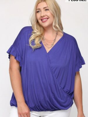 Solid Viscose Knit Surplice Top With Ruffle Sleeve Tops