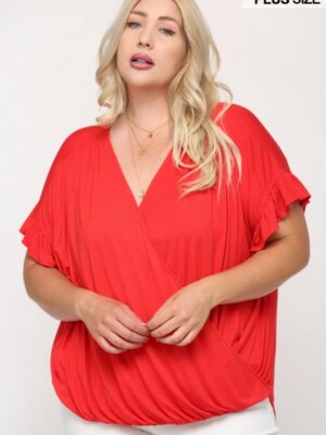 Solid Viscose Knit Surplice Top With Ruffle Sleeve Tops