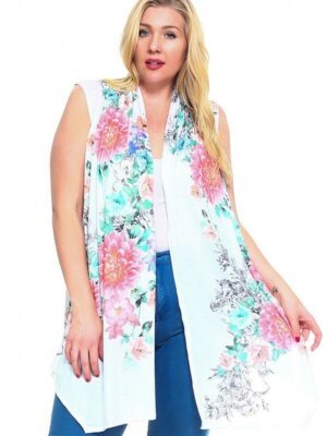 Floral Print, Open Front Vest With An Asymmetric Hem. outerwear