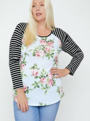 Floral Top Featuring Raglan Style Striped Sleeves And A Round Neck Tops