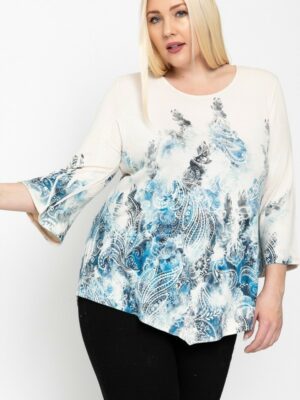 Print Top Featuring A Round Neckline And 3/4 Bell Sleeves Tops