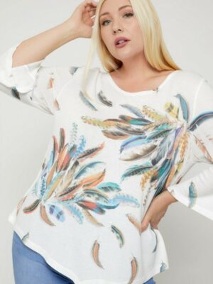 Print Top Featuring A Round Neckline And 3/4 Bell Sleeves Tops