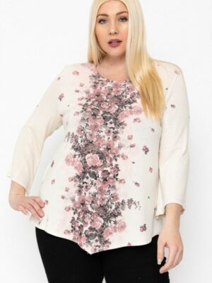 Print Top Featuring A Round Neckline And 3/4 Bell Sleeves Tops