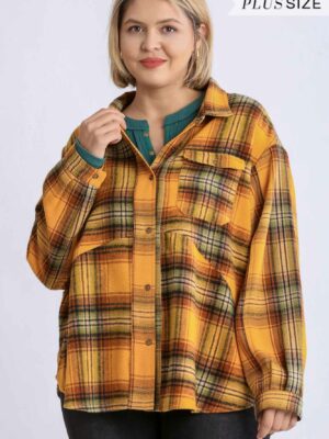 Plaid Collar Button Down Overshirt With Front Pockets Tops