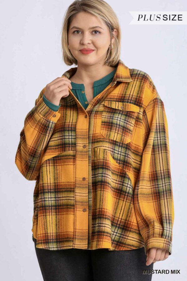 Plaid Collar Button Down Overshirt With Front Pockets Tops