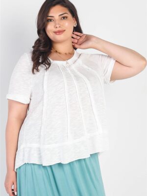 Plus White Trim Detail Round Neck Short Sleeve Top Tops