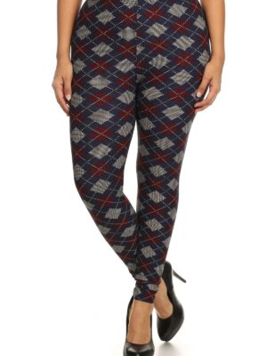 Plus Size Plaid Graphic Printed Knit Legging With Elastic Waist Detail Bottoms