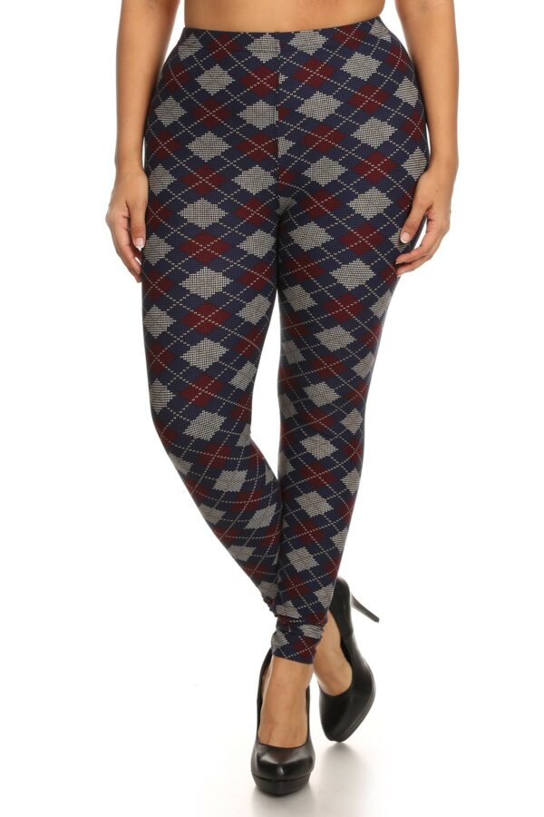 Plus Size Plaid Graphic Printed Knit Legging With Elastic Waist Detail Bottoms