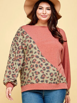 Plus Size Cute Animal French Terry Brush Contrast Print Pullover Tops