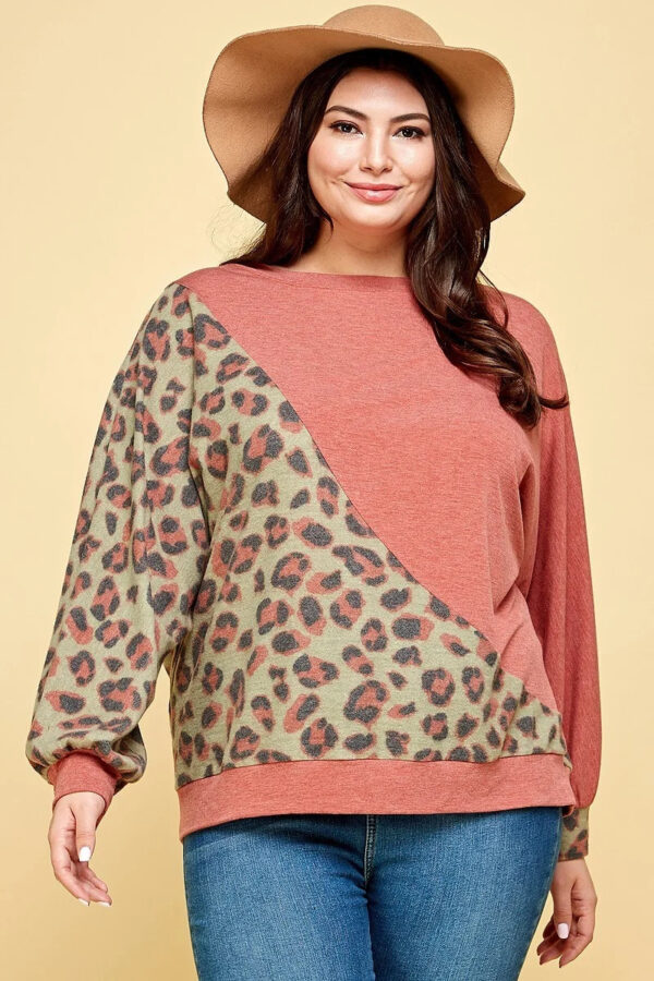 Plus Size Cute Animal French Terry Brush Contrast Print Pullover Tops