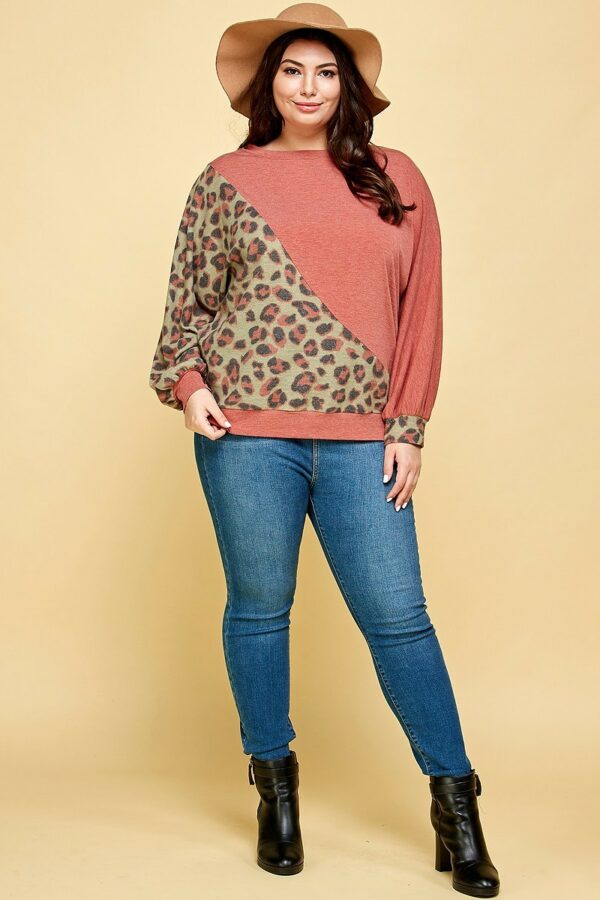 Plus Size Cute Animal French Terry Brush Contrast Print Pullover Tops