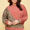 Plus Size Cute Animal French Terry Brush Contrast Print Pullover Tops