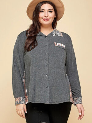 Plus Size Printed Patchwork Contrast Button Up Shirt Tops