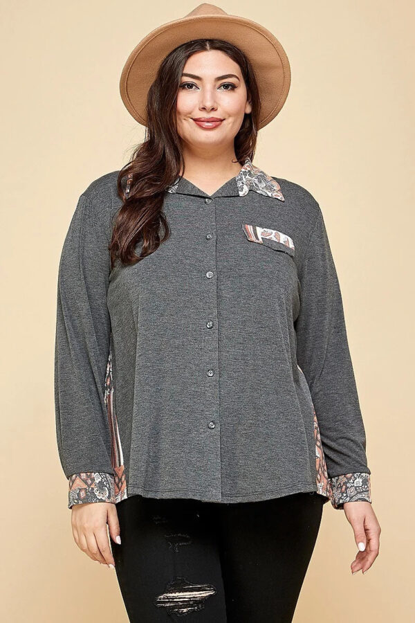 Plus Size Printed Patchwork Contrast Button Up Shirt Tops