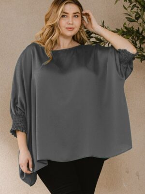 Ember Jacquard Solid Woven Oversized Boatneck 3/4 Sleeve Blouse Tops