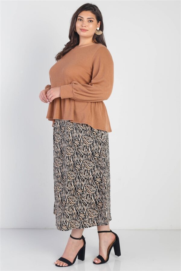 Plus Caramel Waffle Knit Back Button Detail Long Sleeve Top Tops