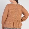 Plus Caramel Waffle Knit Back Button Detail Long Sleeve Top Tops