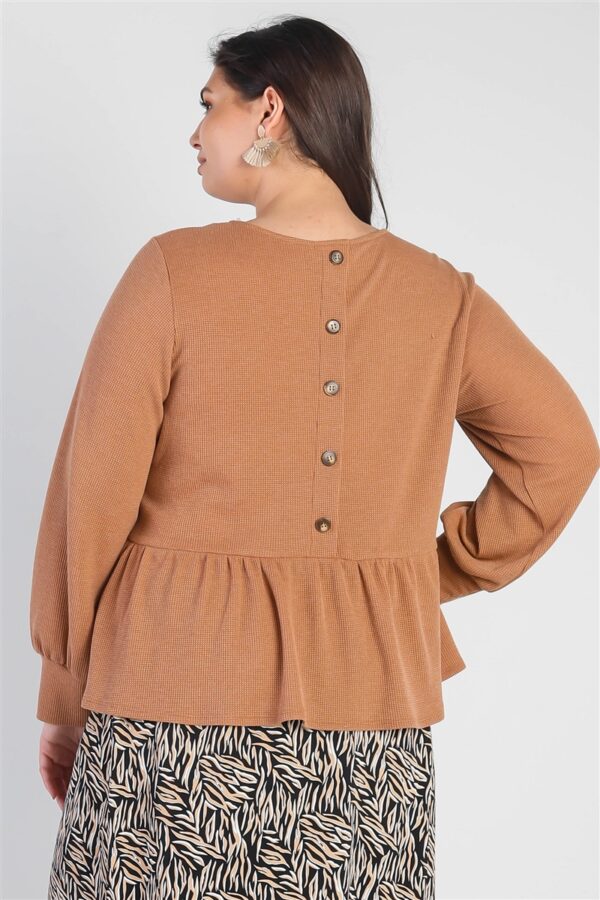 Plus Caramel Waffle Knit Back Button Detail Long Sleeve Top Tops