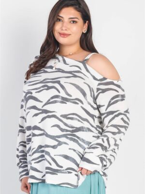 Plus White & Charcoal Zebra Flannel Cold Shoulder Long Sleeve Top Tops