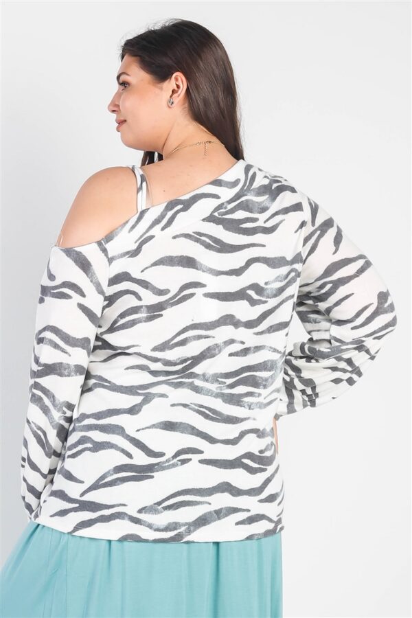 Plus White & Charcoal Zebra Flannel Cold Shoulder Long Sleeve Top Tops