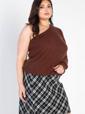 Plus Brown Ribbed Textured One Shoulder Top Tops