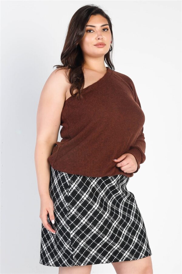 Plus Brown Ribbed Textured One Shoulder Top Tops