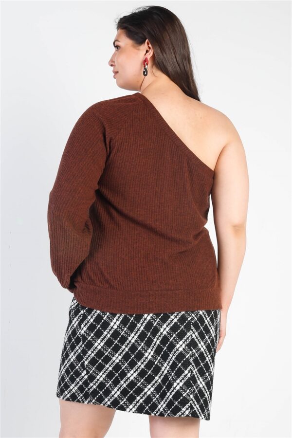 Plus Brown Ribbed Textured One Shoulder Top Tops