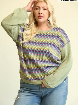 Novelty Knit And Solid Knit Mixed Loose Top With Drop Down Shoulder Tops