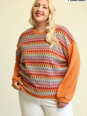 Novelty Knit And Solid Knit Mixed Loose Top With Drop Down Shoulder Tops