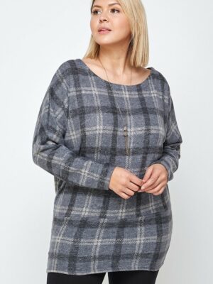 Boat Neck, Plaid Print Tunic Top, With Long Dolman Sleeves Tops