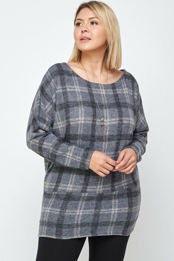 Boat Neck, Plaid Print Tunic Top, With Long Dolman Sleeves Tops