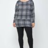 Boat Neck, Plaid Print Tunic Top, With Long Dolman Sleeves Tops