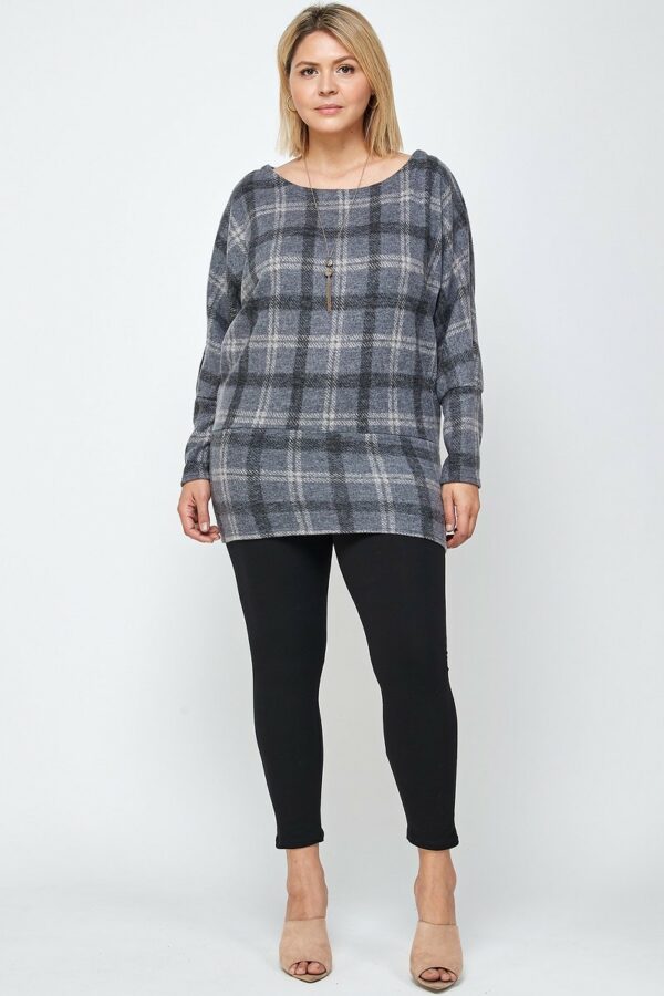 Boat Neck, Plaid Print Tunic Top, With Long Dolman Sleeves Tops