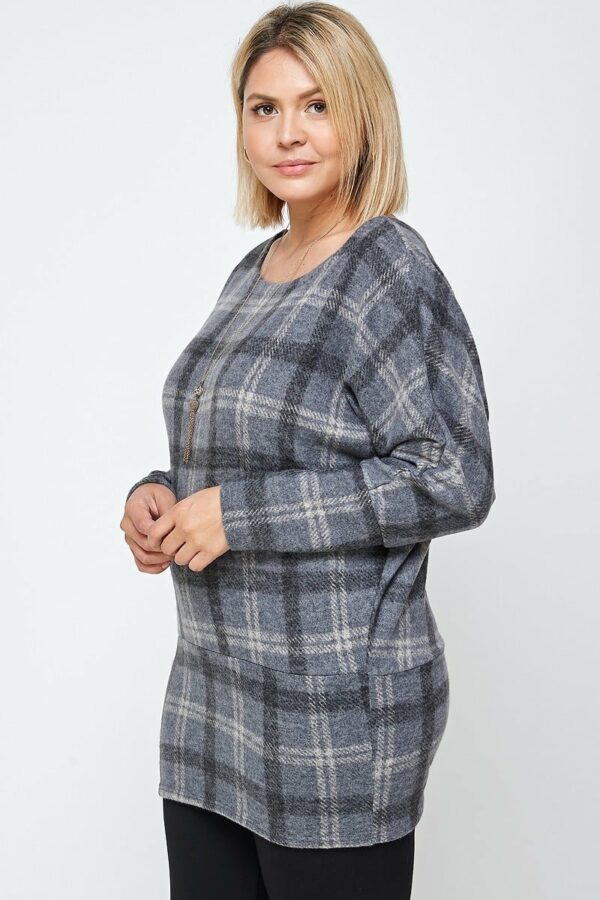 Boat Neck, Plaid Print Tunic Top, With Long Dolman Sleeves Tops