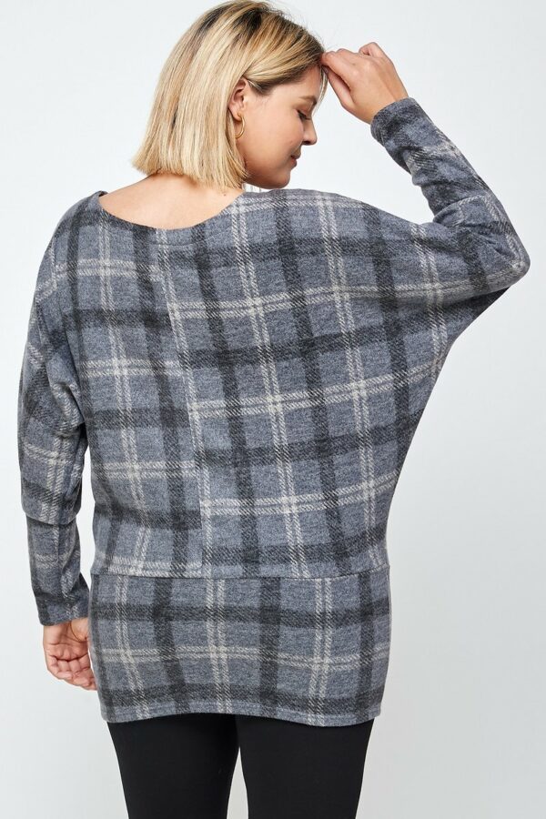 Boat Neck, Plaid Print Tunic Top, With Long Dolman Sleeves Tops