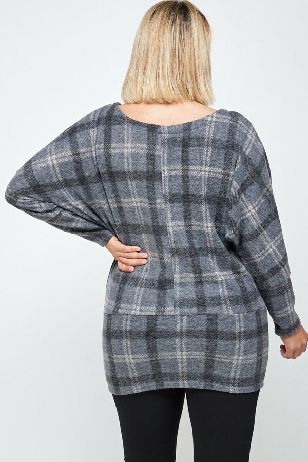 Boat Neck, Plaid Print Tunic Top, With Long Dolman Sleeves Tops