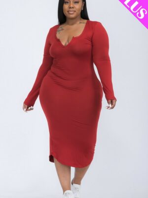 Plus Size Split Neck Long Sleeve Midi Dress Basics