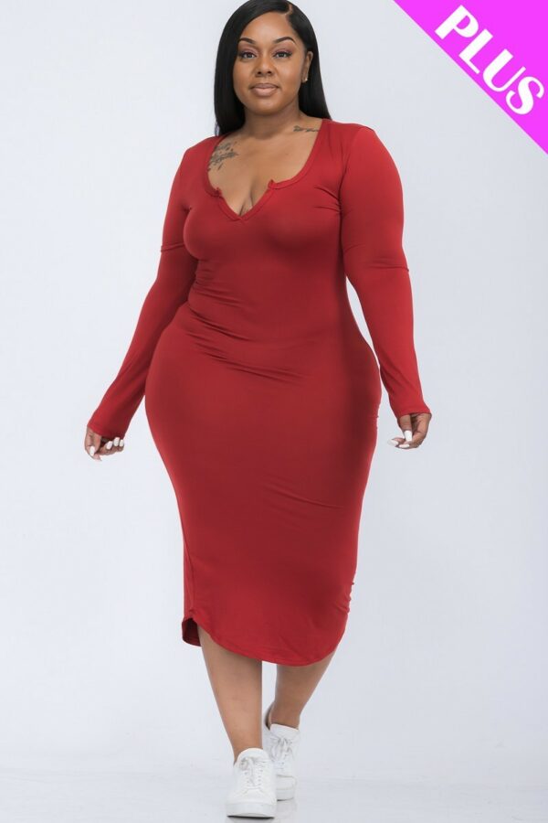 Plus Size Split Neck Long Sleeve Midi Dress Basics