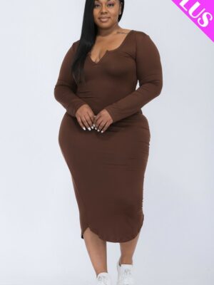 Plus Size Split Neck Long Sleeve Midi Dress Dresses