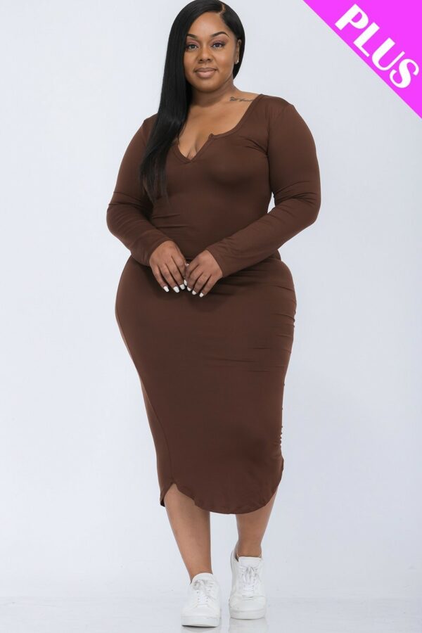 Plus Size Split Neck Long Sleeve Midi Dress Dresses