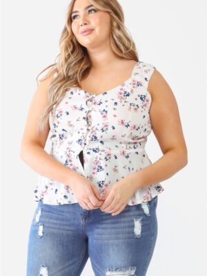 Plus Floral Button-up Sleeveless Flare Hem Top Tops