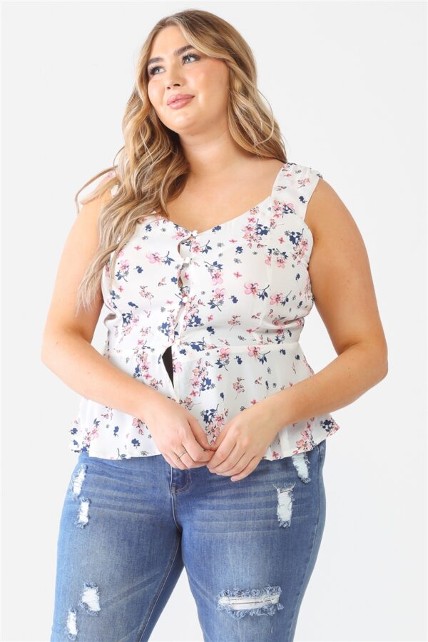 Plus Floral Button-up Sleeveless Flare Hem Top Tops