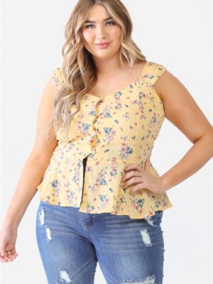 Plus Floral Button-up Sleeveless Flare Hem Top Tops