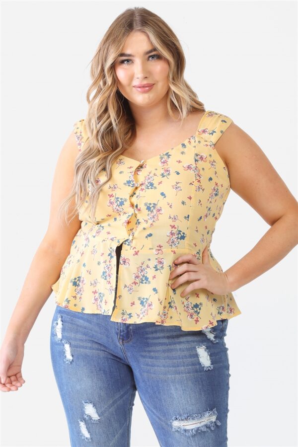 Plus Floral Button-up Sleeveless Flare Hem Top Tops