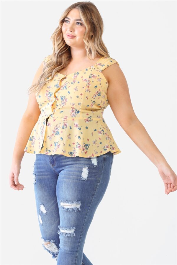 Plus Floral Button-up Sleeveless Flare Hem Top Tops