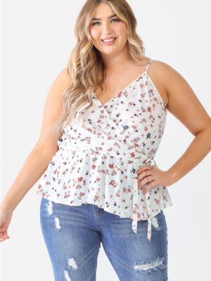 Plus Floral Sleeveless Wrap Neck Flare Hem Top Tops