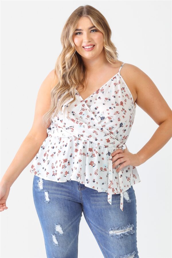 Plus Floral Sleeveless Wrap Neck Flare Hem Top Tops