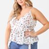 Plus Floral Sleeveless Wrap Neck Flare Hem Top Tops